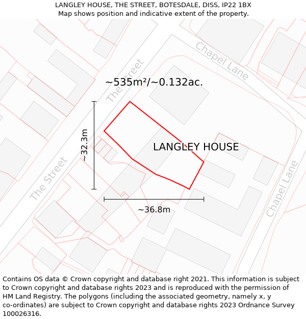 LANGLEY HOUSE, THE STREET, BOTESDALE, DISS, IP22 1BX: Plot and title map