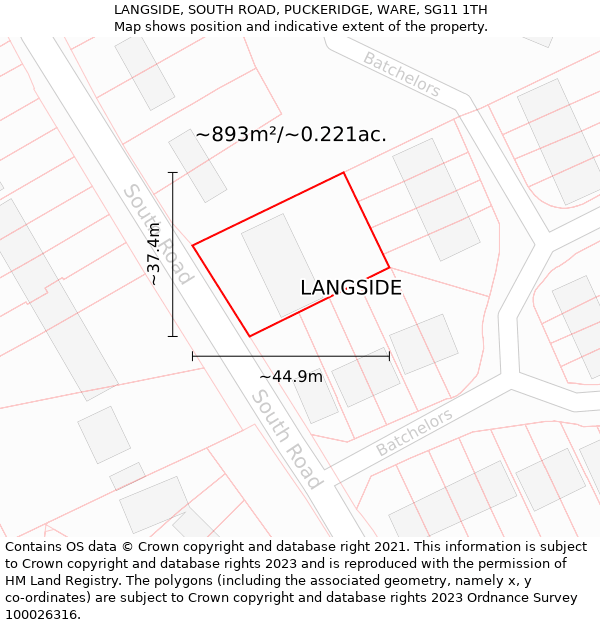 LANGSIDE, SOUTH ROAD, PUCKERIDGE, WARE, SG11 1TH: Plot and title map