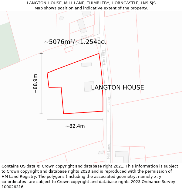 LANGTON HOUSE, MILL LANE, THIMBLEBY, HORNCASTLE, LN9 5JS: Plot and title map
