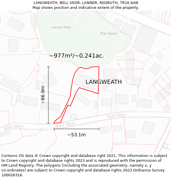 LANGWEATH, BELL VEOR, LANNER, REDRUTH, TR16 6AN: Plot and title map