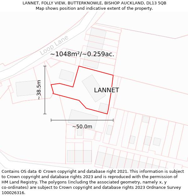 LANNET, FOLLY VIEW, BUTTERKNOWLE, BISHOP AUCKLAND, DL13 5QB: Plot and title map