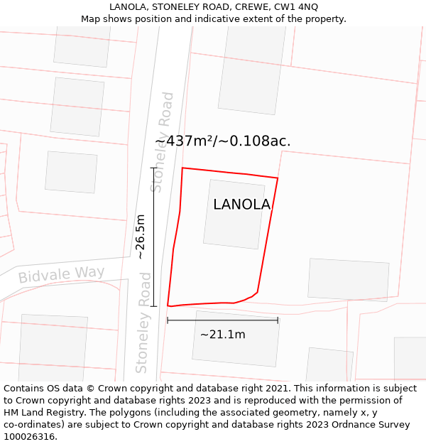 LANOLA, STONELEY ROAD, CREWE, CW1 4NQ: Plot and title map