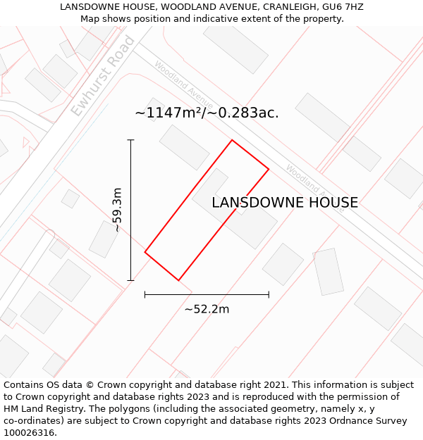 LANSDOWNE HOUSE, WOODLAND AVENUE, CRANLEIGH, GU6 7HZ: Plot and title map