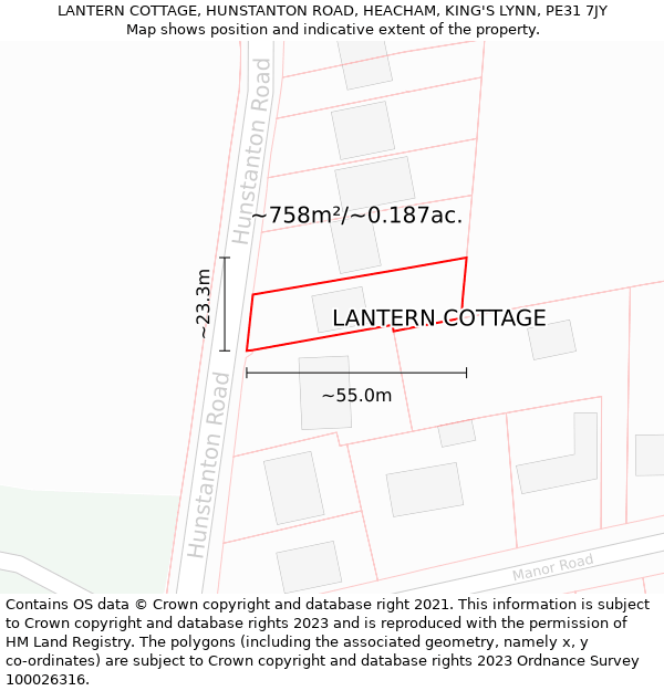 LANTERN COTTAGE, HUNSTANTON ROAD, HEACHAM, KING'S LYNN, PE31 7JY: Plot and title map