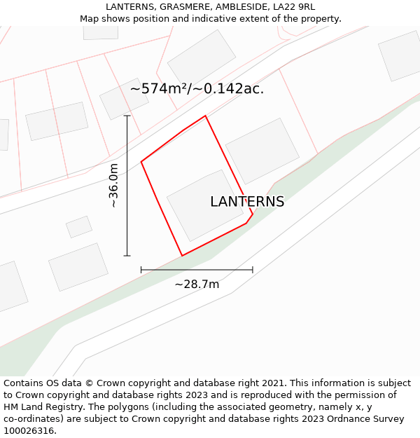 LANTERNS, GRASMERE, AMBLESIDE, LA22 9RL: Plot and title map