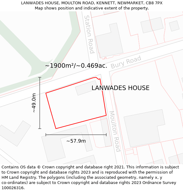 LANWADES HOUSE, MOULTON ROAD, KENNETT, NEWMARKET, CB8 7PX: Plot and title map
