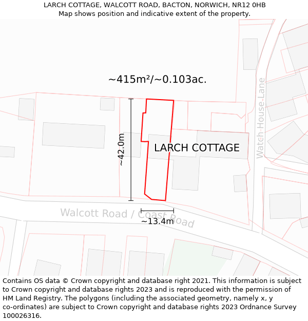 LARCH COTTAGE, WALCOTT ROAD, BACTON, NORWICH, NR12 0HB: Plot and title map