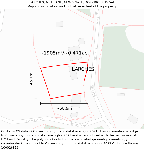 LARCHES, MILL LANE, NEWDIGATE, DORKING, RH5 5AL: Plot and title map