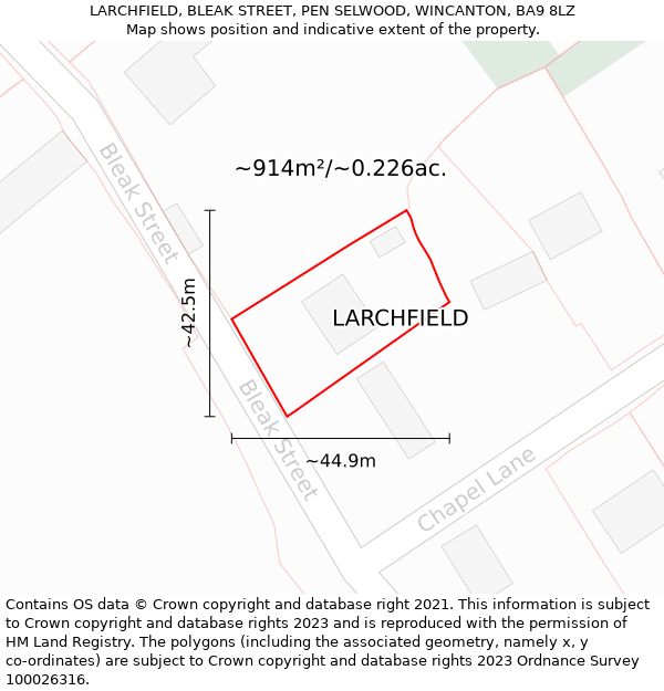 LARCHFIELD, BLEAK STREET, PEN SELWOOD, WINCANTON, BA9 8LZ: Plot and title map