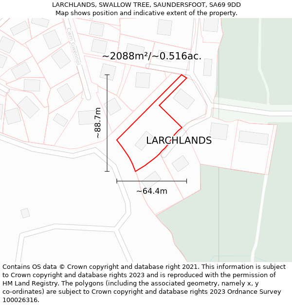 LARCHLANDS, SWALLOW TREE, SAUNDERSFOOT, SA69 9DD: Plot and title map