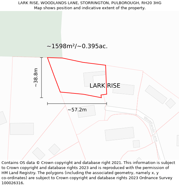 LARK RISE, WOODLANDS LANE, STORRINGTON, PULBOROUGH, RH20 3HG: Plot and title map