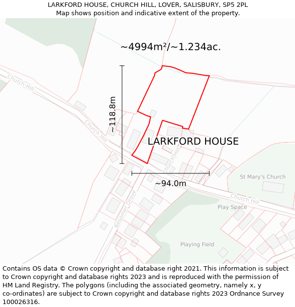 LARKFORD HOUSE, CHURCH HILL, LOVER, SALISBURY, SP5 2PL: Plot and title map