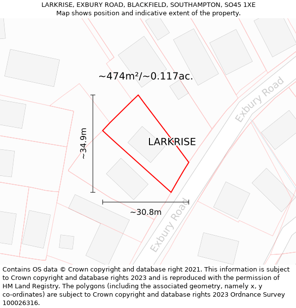 LARKRISE, EXBURY ROAD, BLACKFIELD, SOUTHAMPTON, SO45 1XE: Plot and title map