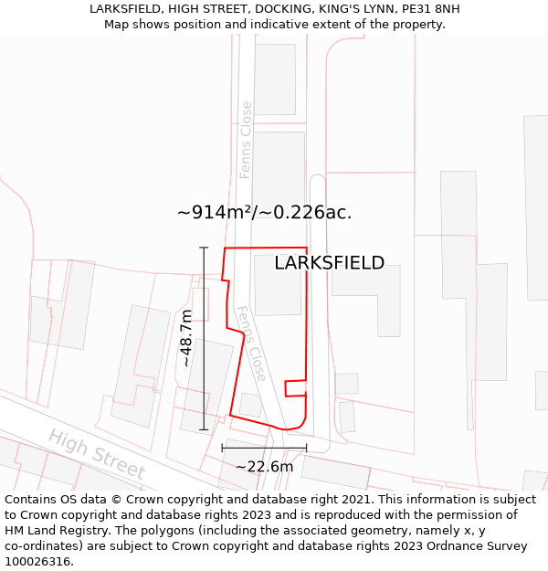 LARKSFIELD, HIGH STREET, DOCKING, KING'S LYNN, PE31 8NH: Plot and title map