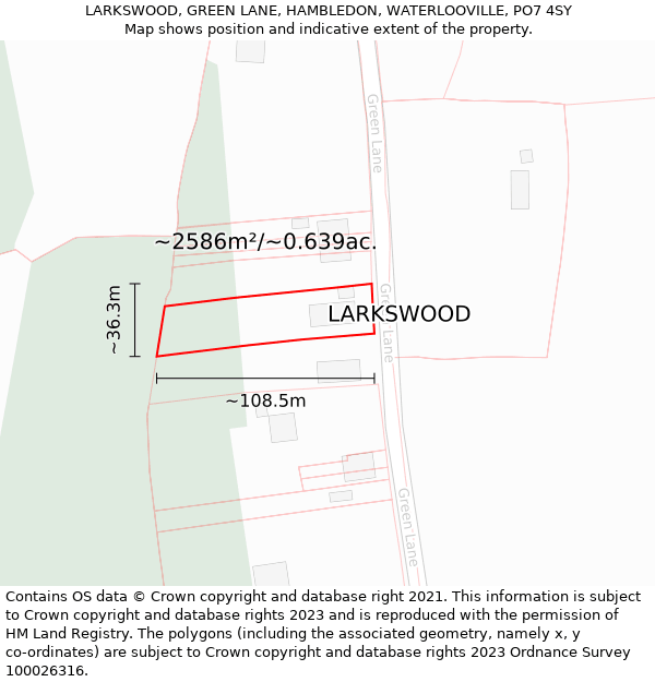 LARKSWOOD, GREEN LANE, HAMBLEDON, WATERLOOVILLE, PO7 4SY: Plot and title map