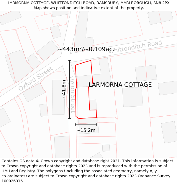 LARMORNA COTTAGE, WHITTONDITCH ROAD, RAMSBURY, MARLBOROUGH, SN8 2PX: Plot and title map