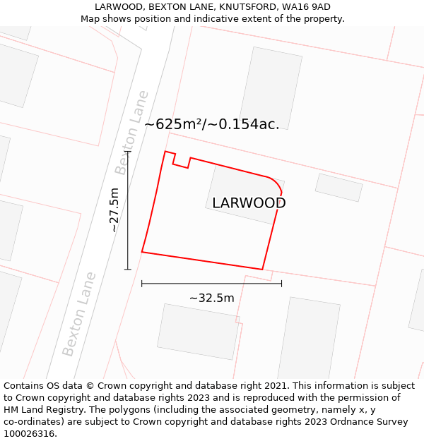LARWOOD, BEXTON LANE, KNUTSFORD, WA16 9AD: Plot and title map