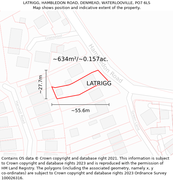 LATRIGG, HAMBLEDON ROAD, DENMEAD, WATERLOOVILLE, PO7 6LS: Plot and title map