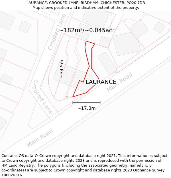 LAURANCE, CROOKED LANE, BIRDHAM, CHICHESTER, PO20 7DR: Plot and title map