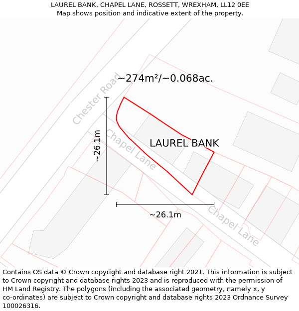 LAUREL BANK, CHAPEL LANE, ROSSETT, WREXHAM, LL12 0EE: Plot and title map