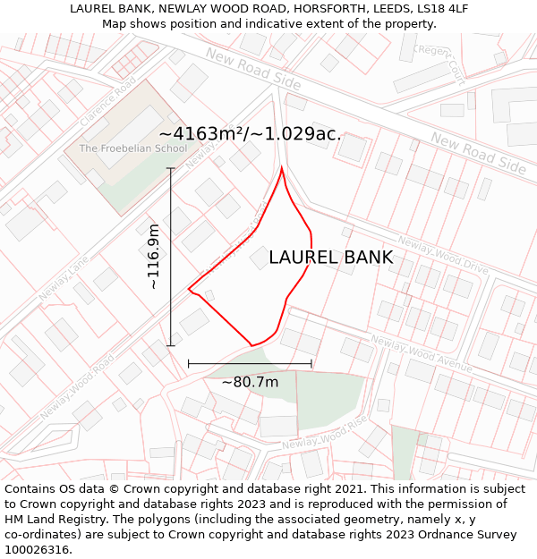 LAUREL BANK, NEWLAY WOOD ROAD, HORSFORTH, LEEDS, LS18 4LF: Plot and title map