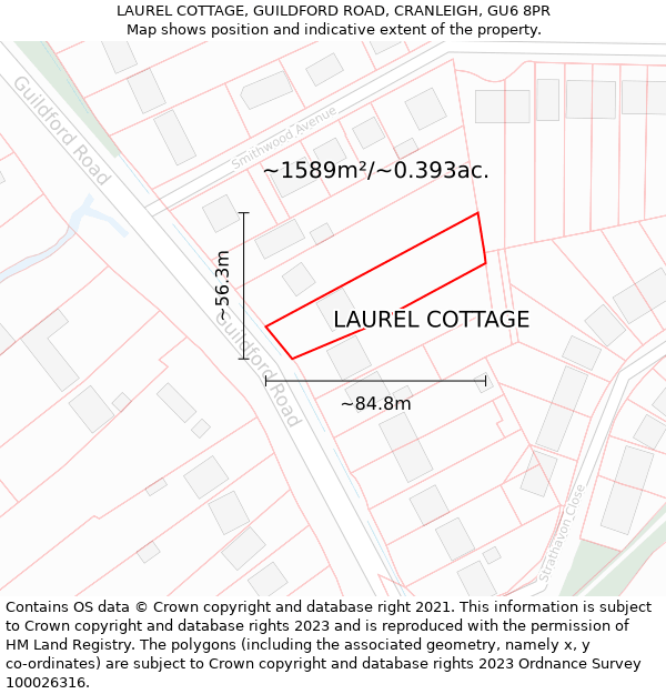 LAUREL COTTAGE, GUILDFORD ROAD, CRANLEIGH, GU6 8PR: Plot and title map