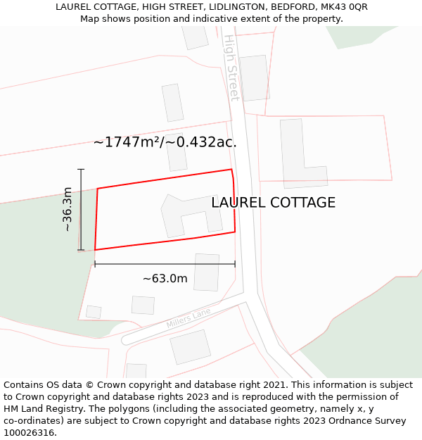 LAUREL COTTAGE, HIGH STREET, LIDLINGTON, BEDFORD, MK43 0QR: Plot and title map