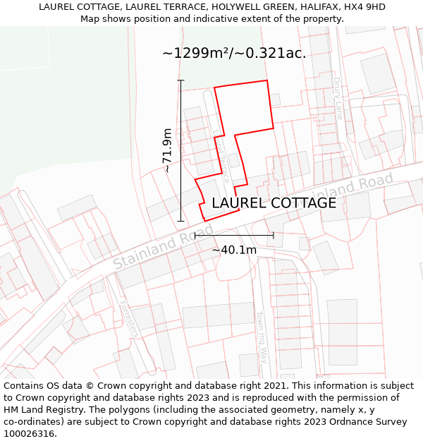 LAUREL COTTAGE, LAUREL TERRACE, HOLYWELL GREEN, HALIFAX, HX4 9HD: Plot and title map