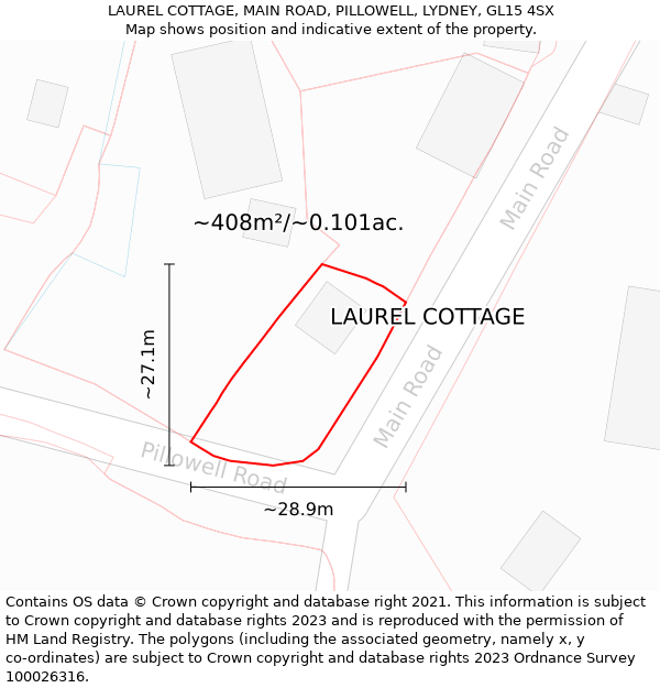 LAUREL COTTAGE, MAIN ROAD, PILLOWELL, LYDNEY, GL15 4SX: Plot and title map