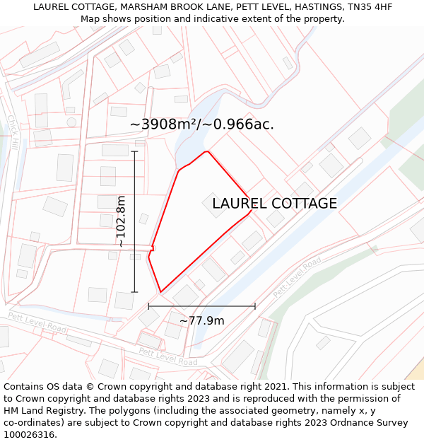 LAUREL COTTAGE, MARSHAM BROOK LANE, PETT LEVEL, HASTINGS, TN35 4HF: Plot and title map