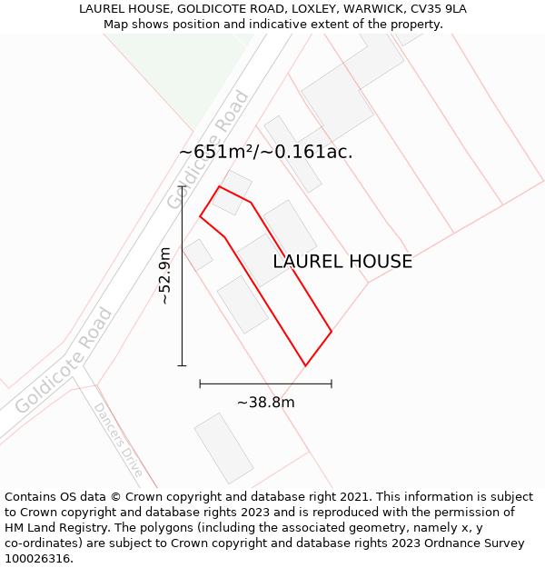 LAUREL HOUSE, GOLDICOTE ROAD, LOXLEY, WARWICK, CV35 9LA: Plot and title map