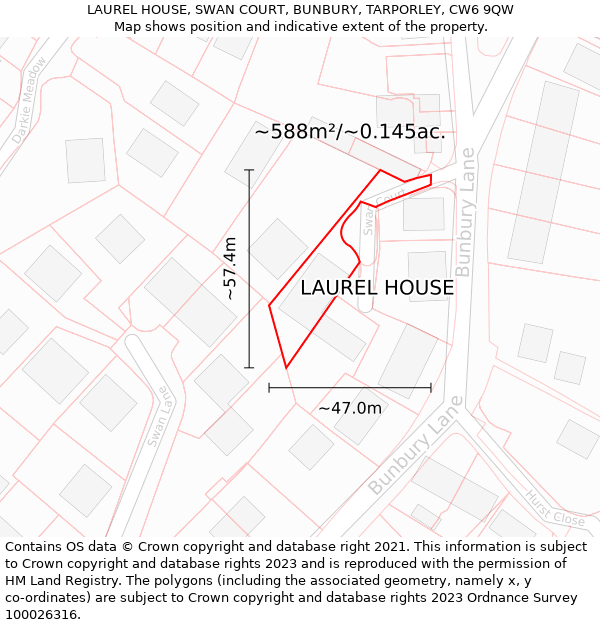 LAUREL HOUSE, SWAN COURT, BUNBURY, TARPORLEY, CW6 9QW: Plot and title map