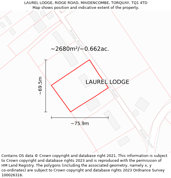 LAUREL LODGE, RIDGE ROAD, MAIDENCOMBE, TORQUAY, TQ1 4TD: Plot and title map