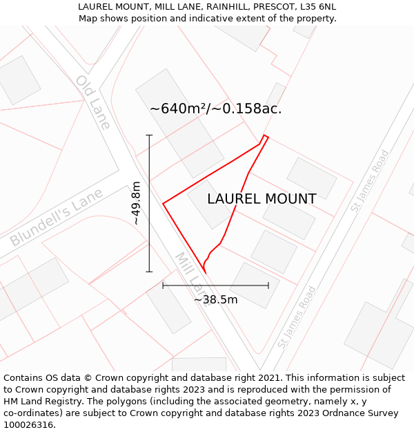 LAUREL MOUNT, MILL LANE, RAINHILL, PRESCOT, L35 6NL: Plot and title map