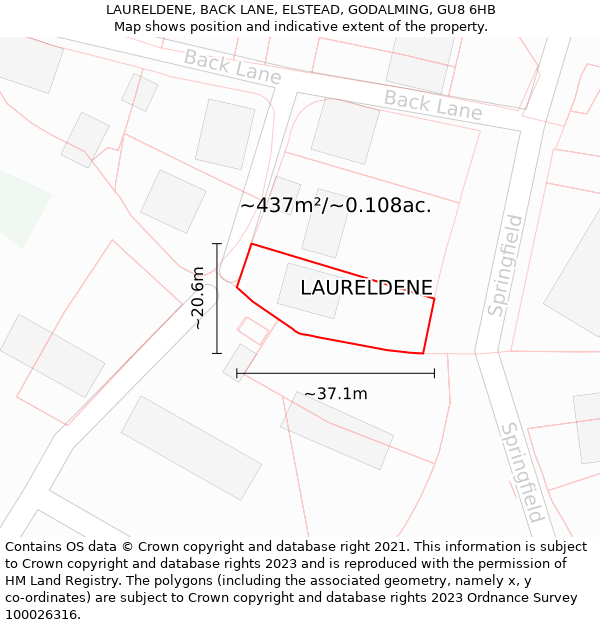 LAURELDENE, BACK LANE, ELSTEAD, GODALMING, GU8 6HB: Plot and title map