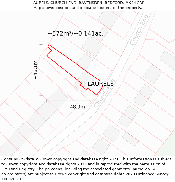 LAURELS, CHURCH END, RAVENSDEN, BEDFORD, MK44 2RP: Plot and title map