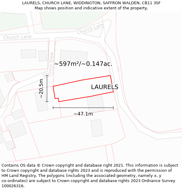 LAURELS, CHURCH LANE, WIDDINGTON, SAFFRON WALDEN, CB11 3SF: Plot and title map