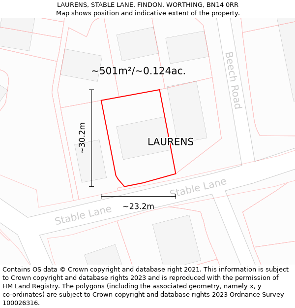 LAURENS, STABLE LANE, FINDON, WORTHING, BN14 0RR: Plot and title map