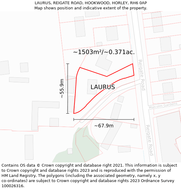 LAURUS, REIGATE ROAD, HOOKWOOD, HORLEY, RH6 0AP: Plot and title map