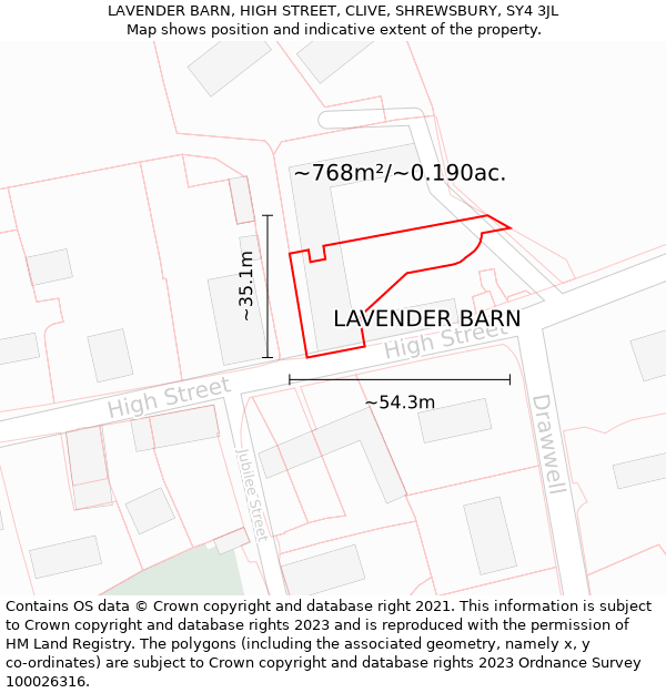 LAVENDER BARN, HIGH STREET, CLIVE, SHREWSBURY, SY4 3JL: Plot and title map