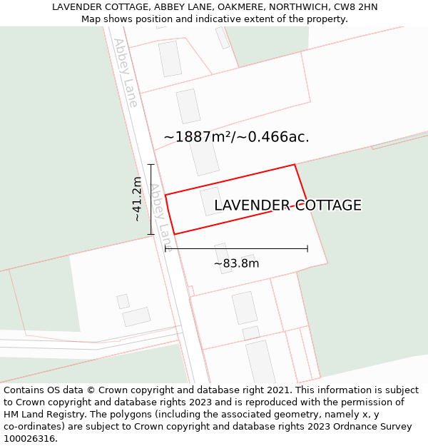 LAVENDER COTTAGE, ABBEY LANE, OAKMERE, NORTHWICH, CW8 2HN: Plot and title map