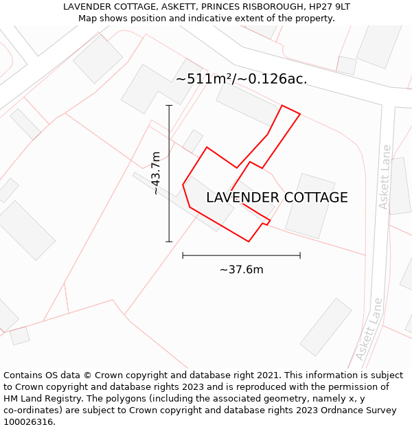 LAVENDER COTTAGE, ASKETT, PRINCES RISBOROUGH, HP27 9LT: Plot and title map