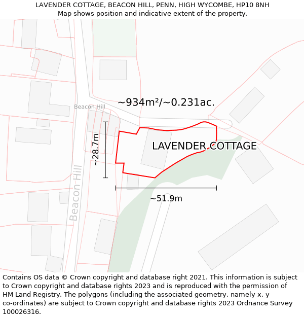 LAVENDER COTTAGE, BEACON HILL, PENN, HIGH WYCOMBE, HP10 8NH: Plot and title map