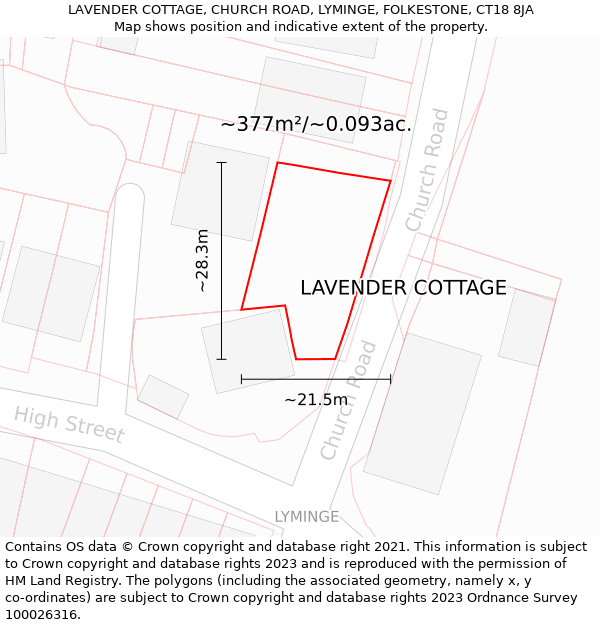 LAVENDER COTTAGE, CHURCH ROAD, LYMINGE, FOLKESTONE, CT18 8JA: Plot and title map