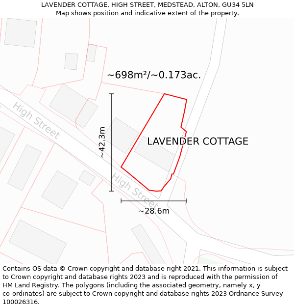 LAVENDER COTTAGE, HIGH STREET, MEDSTEAD, ALTON, GU34 5LN: Plot and title map