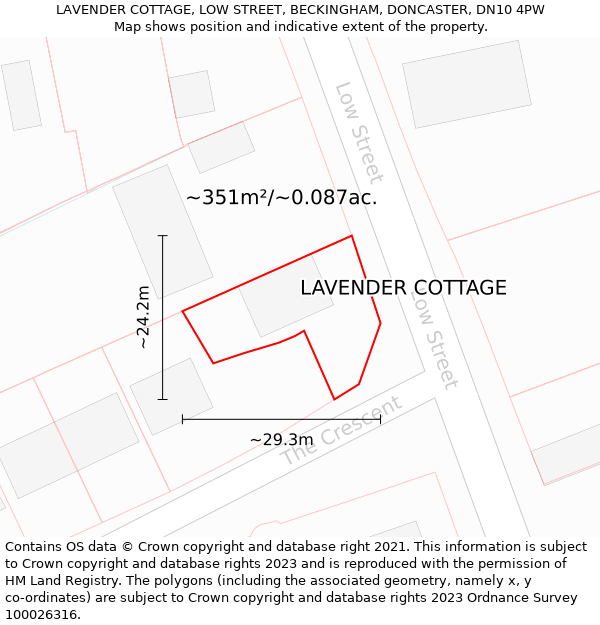 LAVENDER COTTAGE, LOW STREET, BECKINGHAM, DONCASTER, DN10 4PW: Plot and title map