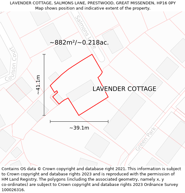 LAVENDER COTTAGE, SALMONS LANE, PRESTWOOD, GREAT MISSENDEN, HP16 0PY: Plot and title map