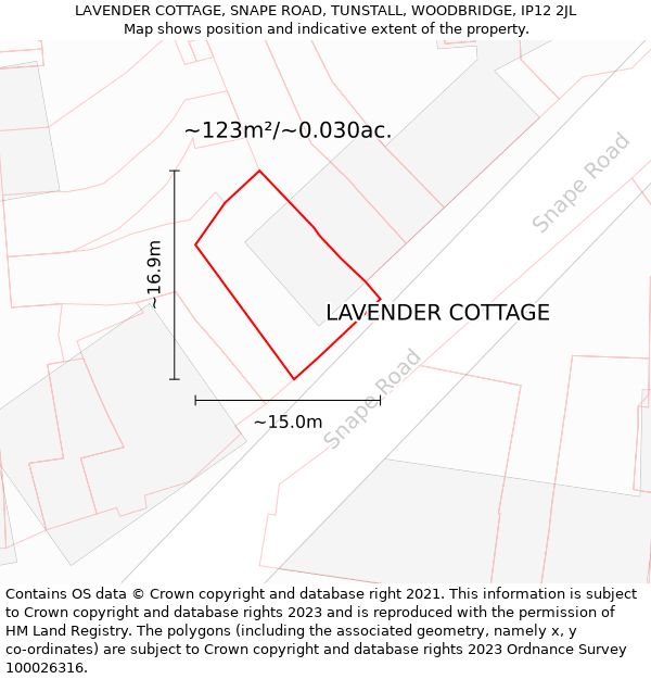 LAVENDER COTTAGE, SNAPE ROAD, TUNSTALL, WOODBRIDGE, IP12 2JL: Plot and title map