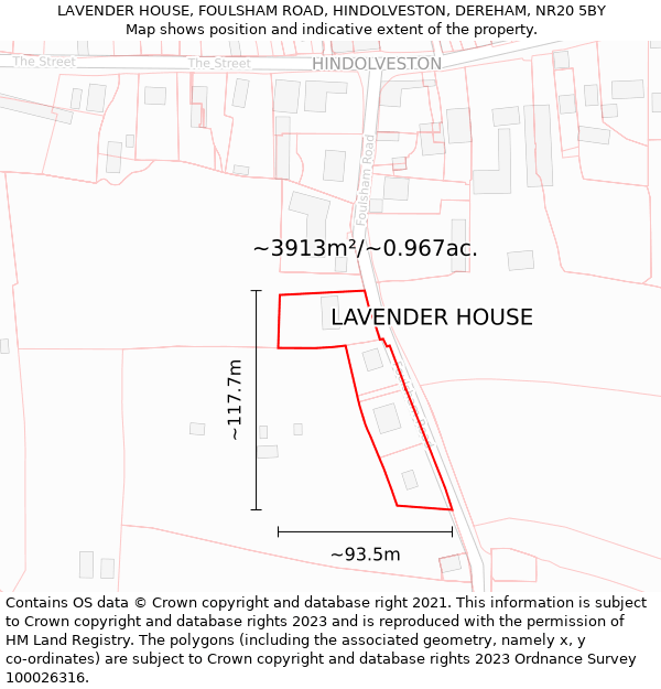 LAVENDER HOUSE, FOULSHAM ROAD, HINDOLVESTON, DEREHAM, NR20 5BY: Plot and title map