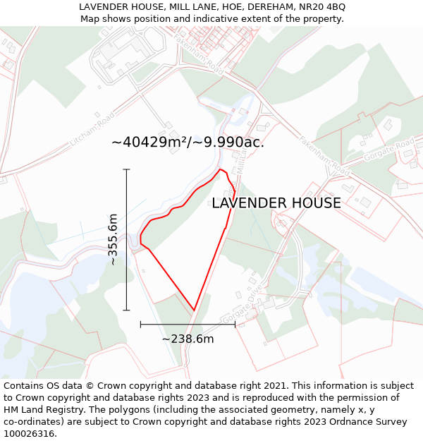 LAVENDER HOUSE, MILL LANE, HOE, DEREHAM, NR20 4BQ: Plot and title map